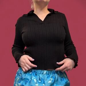 goth y2k black ribbed v-neck long sleeve w/collar womens size EUR small